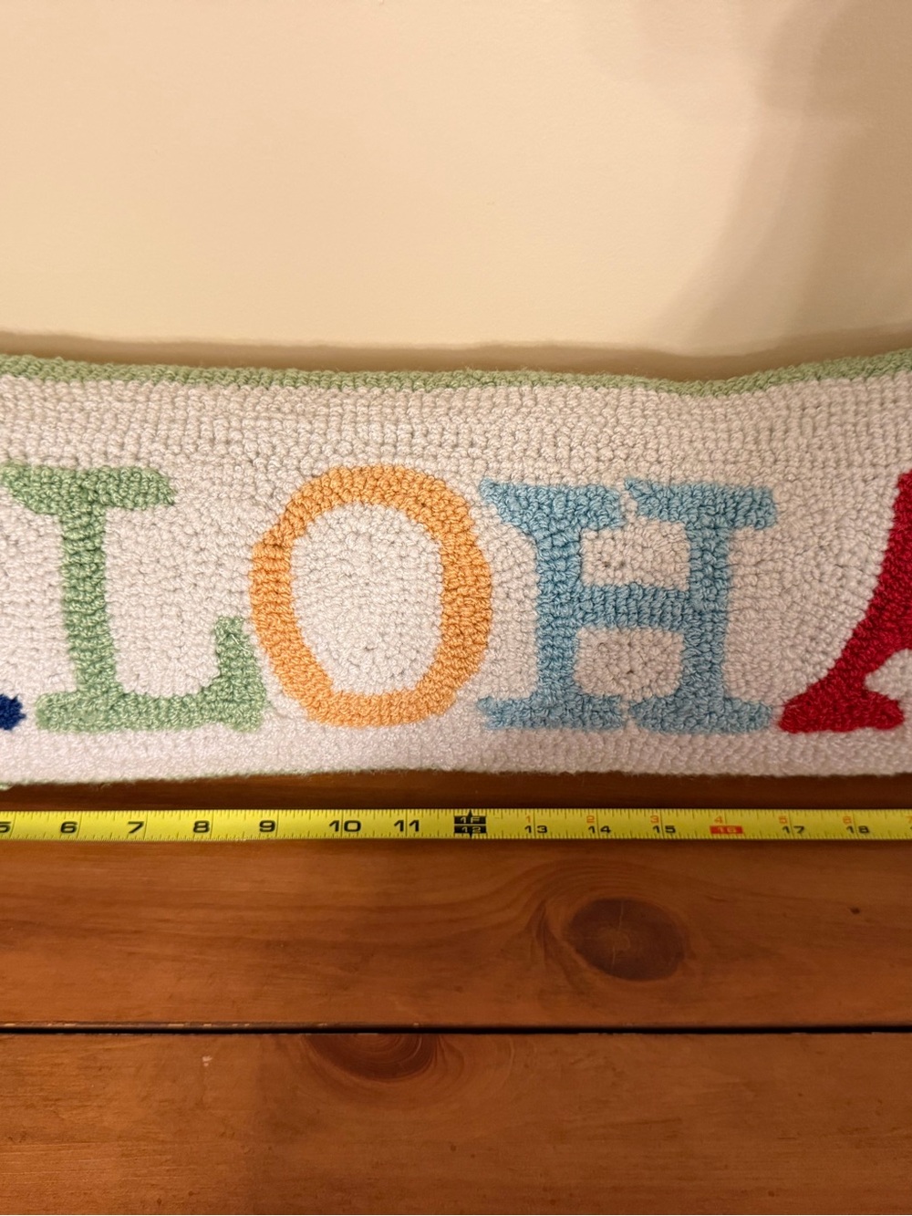 Aloha Hooked Lumbar Pillow - Multicolor Letters on Cream 22” x 8” - Picture 8 of 9